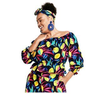 Tabitha Brown womens Sz S multicolor lemon print Bardot off the shoulder top